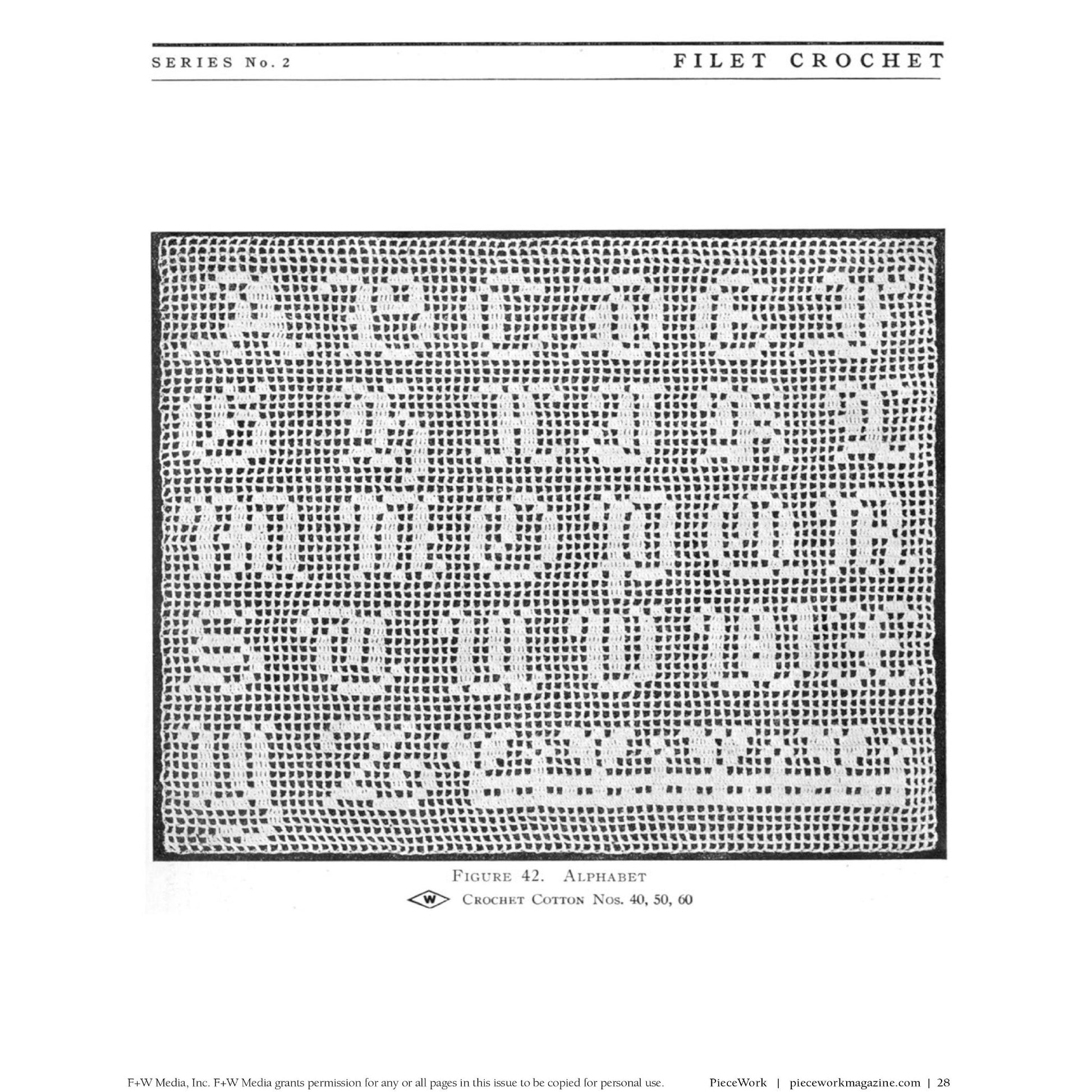 An image from the eBook "PieceWork Presents: Filet Crochet with Instructions Series No. 2" by Long Thread Media, displaying an elegant filet crochet pattern of the alphabet from A to Z. The pattern features uppercase letters meticulously arranged in rows on a grid-like background, with detailed instructions for using crochet cotton numbers 40, 50, and 60 provided at the bottom.