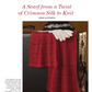 A red knitted scarf featuring an intricate lace design is elegantly draped over a vintage suitcase, accompanied by a black hat and white gloves. The text above reads: “A Scarf from a Twist of Crimson Silk to Knit” by Mimi Seyferth, part of the PieceWork Presents: Literary-Inspired Projects to Knit, Crochet, Hook, and Cross-Stitch collection by Long Thread Media.