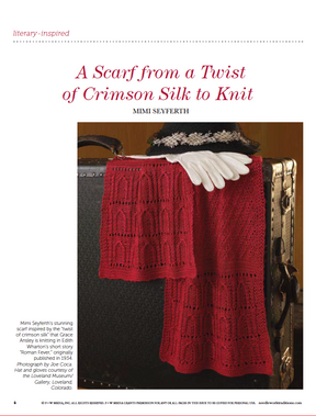 A red knitted scarf featuring an intricate lace design is elegantly draped over a vintage suitcase, accompanied by a black hat and white gloves. The text above reads: “A Scarf from a Twist of Crimson Silk to Knit” by Mimi Seyferth, part of the PieceWork Presents: Literary-Inspired Projects to Knit, Crochet, Hook, and Cross-Stitch collection by Long Thread Media.