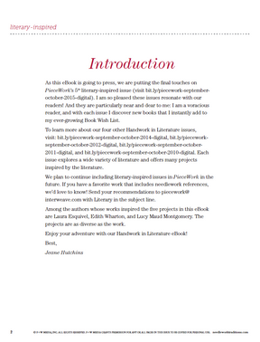 An introduction page from the eBook titled "PieceWork Presents: Literary-Inspired Projects to Knit, Crochet, Hook, and Cross-Stitch – eBook printed copy," published by Long Thread Media. The page features text about the author's passion for books and provides a sneak peek into forthcoming issues of "PieceWork" magazine. It also highlights previous projects and includes a brief note from the editor, Jeane Hutchins.