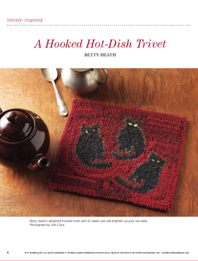 A teapot and spoon sit next to a hooked trivet adorned with three black cats on a textured red background, featuring simple, bold shapes that create a cozy and charming design—perfectly capturing the essence of the PieceWork Presents: Literary-Inspired Projects to Knit, Crochet, Hook, and Cross-Stitch eBook by Long Thread Media.