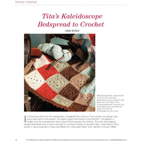 A patchwork crochet bedspread with multicolored squares is draped over a beige armchair beside a decorative wooden plate. The design, featured as "Tita’s Kaleidoscope Bedspread to Crochet" by Abbi Byrd, is included in the eBook **PieceWork Presents: Literary-Inspired Projects to Knit, Crochet, Hook, and Cross-Stitch – eBook printed copy** by **Long Thread Media**. Text facts about the design process and inspiration are also included.