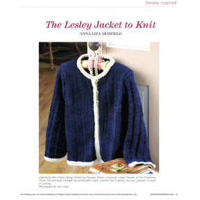 A blue knitted jacket hangs on a wooden stand, adorned with white trim along the edges and around the collar. A pair of glasses with a beaded cord dangles from the collar. The text above reads, "PieceWork Presents: Literary-Inspired Projects to Knit, Crochet, Hook, and Cross-Stitch – eBook printed copy" by Long Thread Media.