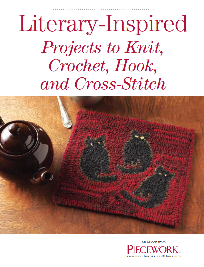 A book cover titled "PieceWork Presents: Literary-Inspired Projects to Knit, Crochet, Hook, and Cross-Stitch – eBook printed copy" by Long Thread Media. It features a red mat with three black cats and a teapot on a wooden surface. Below is the PieceWork logo and website link.