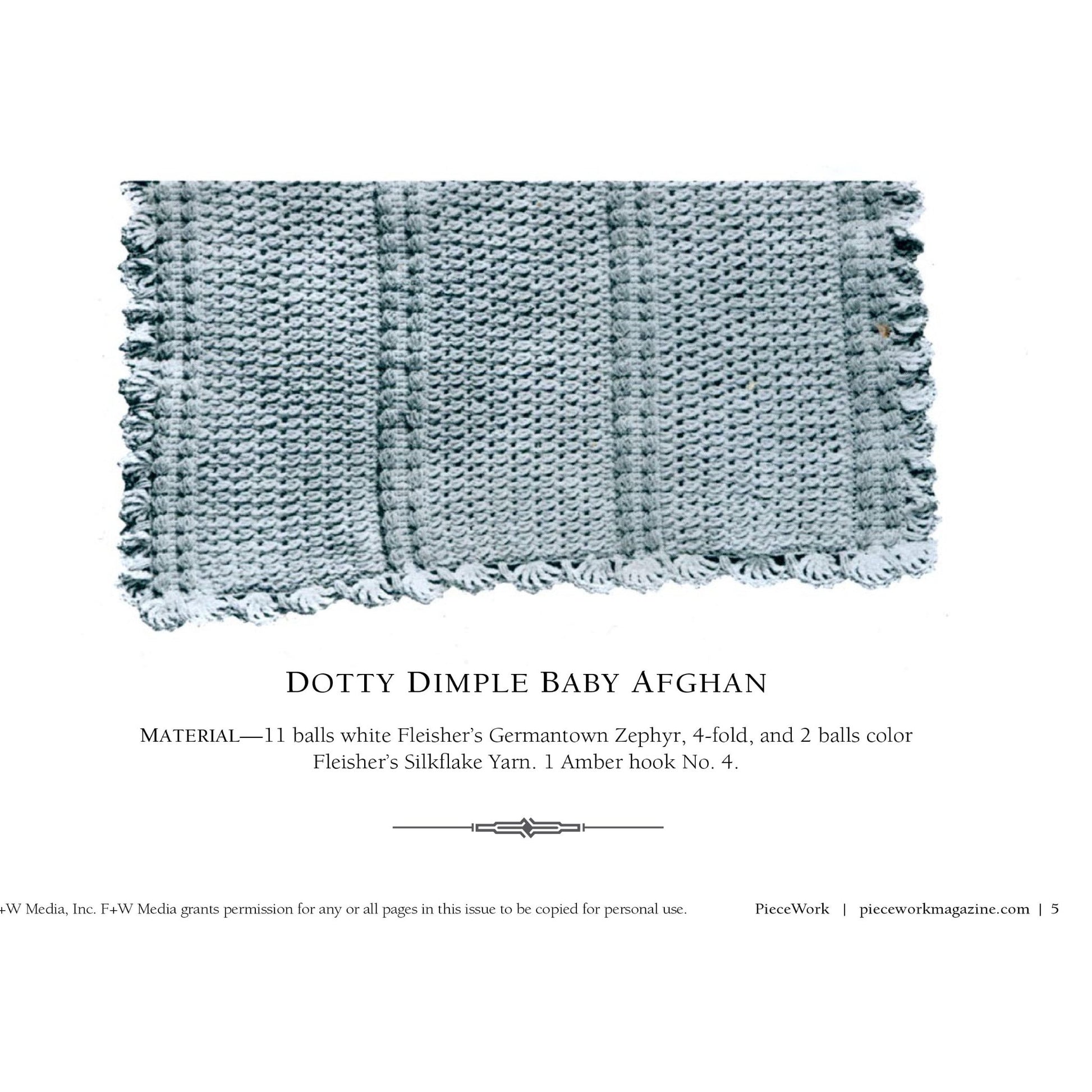 A textured white knit baby afghan, known as the "Dotty Dimple Baby Afghan," is pictured. This knitted blanket features alternating vertical stripes of different knit patterns and a scalloped edge. Below the image, the text provides information about the materials used and mentions PieceWork Presents: Warm & Cozy Afghans from 1918 to Crochet – eBook by Long Thread Media as the source.