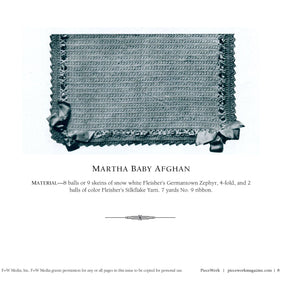 The eBook "PieceWork Presents: Warm & Cozy Afghans from 1918 to Crochet" by Long Thread Media features a snow-white, knitted Martha Baby Afghan with a detailed rectangular pattern, decorated with elegant edging and adorned with satin ribbons at the corners. The accompanying text offers information on required materials such as yarn, ribbons, and knitting instructions.