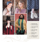 A contents page from the "Magical Knitted Costume Collection" by Long Thread Media showcases four individuals modeling various knitted garments, including a hat, sweater, kerchief, and slippers. The page features item titles such as "Taking Flight Kerchief" and "Siegra's Silver Slipper," along with their respective page numbers.