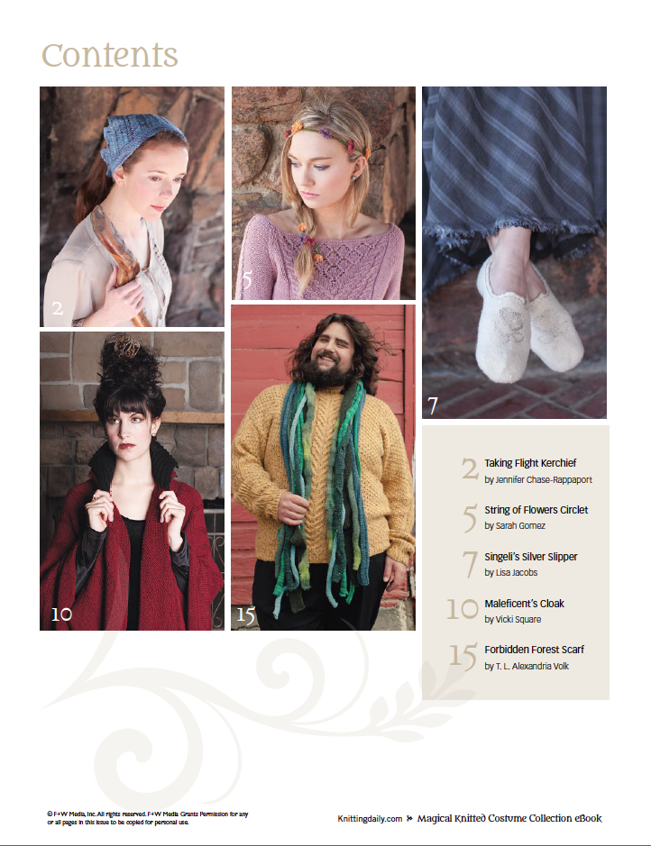 A contents page from the "Magical Knitted Costume Collection" by Long Thread Media showcases four individuals modeling various knitted garments, including a hat, sweater, kerchief, and slippers. The page features item titles such as "Taking Flight Kerchief" and "Siegra's Silver Slipper," along with their respective page numbers.