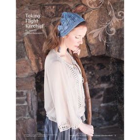 A woman wearing a light, flowy blouse and a blue crochet head kerchief stands with her head slightly bowed, holding a stick. The background features a stone wall with decorative floral patterns and the text "Magical Knitted Costume Collection – eBook printed copy" by Long Thread Media.