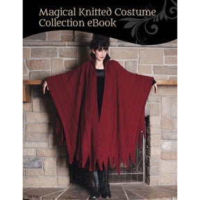 A person stands against a stone wall, wearing a long, flowing red knitted cape with jagged edges. The text at the top reads "Magical Knitted Costume Collection – eBook printed copy" by Long Thread Media. The person has short dark hair and black boots.