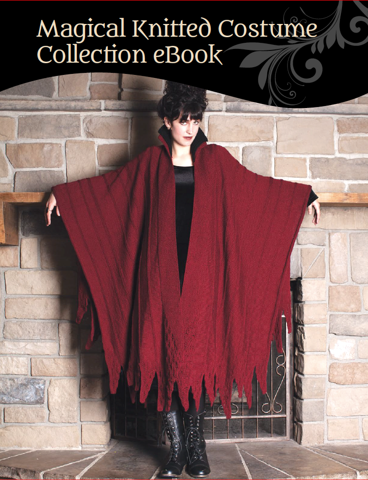 A person poses in a vibrant red, flowing knitted costume featuring a high collar, while standing before a stone fireplace. The text above reads, "Magical Knitted Costume Collection – eBook printed copy by Long Thread Media.