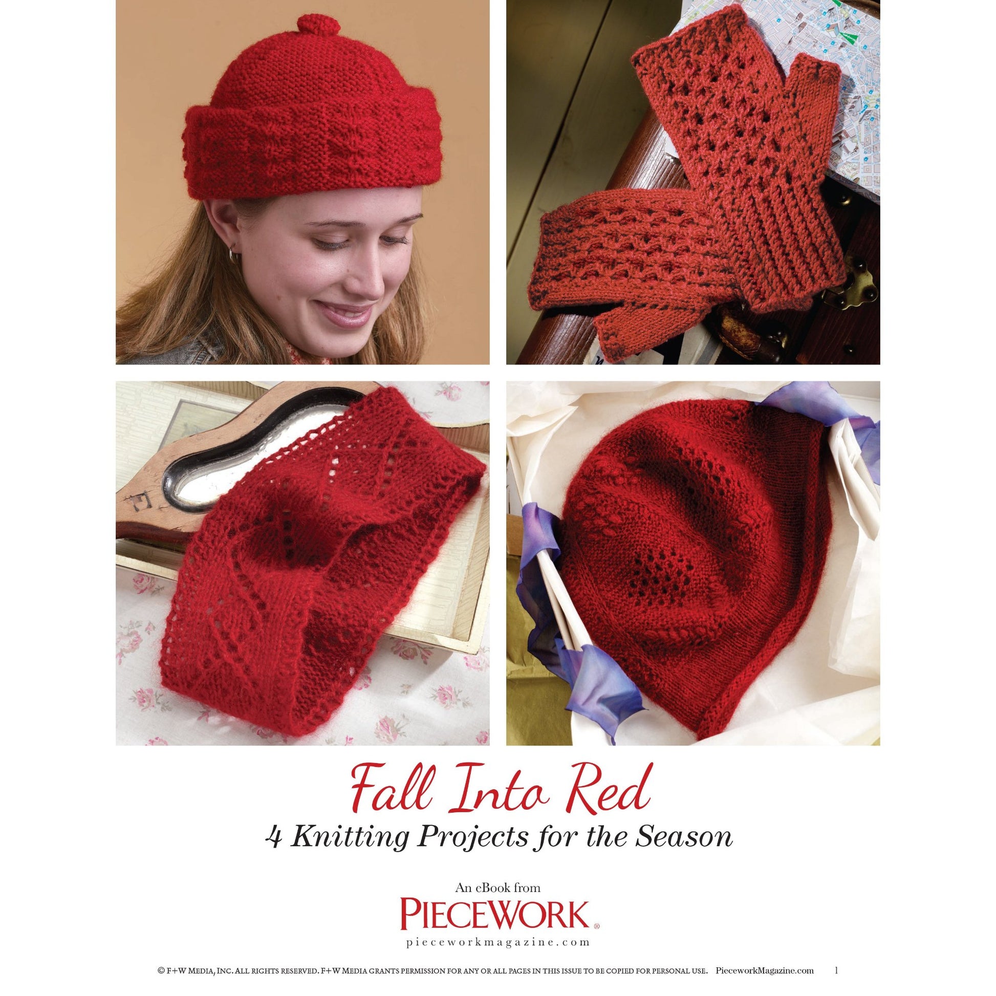 A collage showcases four red knitting projects: a woman wearing a red hat, a pair of red fingerless mittens, a red lace scarf, and a red beret. The text reads "Fall Into Red: 4 Knitting Projects for the Season – eBook printed copy" by Long Thread Media.