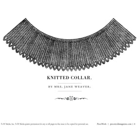 A black-and-white illustration of a knitted collar designed by Mrs. Jane Weaver, featuring intricate patterns and scalloped edges. The collar is presented above text that reads, "KNITTED COLLAR. BY MRS. JANE WEAVER." Additional publication details for the "PieceWork Presents: Patterns from 1862 Peterson Magazine – eBook printed copy" by Long Thread Media are at the bottom.