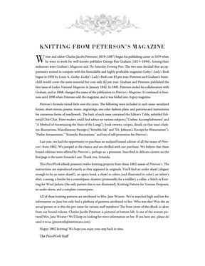 A vintage magazine page titled "Knitting from Peterson's Magazine" highlights the knitting editor’s background, publishing history, and contributions to Lady’s Book and Peterson's Magazine, encouraging readers to continue the craft in 1862. The page now features in "PieceWork Presents: Patterns from 1862 Peterson Magazine – eBook printed copy" by Long Thread Media.