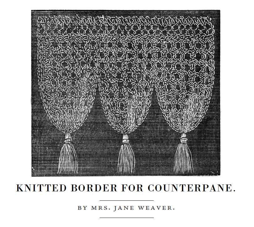 Product description: The PieceWork Presents: Patterns from 1862 Peterson Magazine – eBook printed copy by Long Thread Media includes vintage illustrations of a knitted border for a counterpane, featuring intricate lace detailing and tassels, designed by Mrs. Jane Weaver.