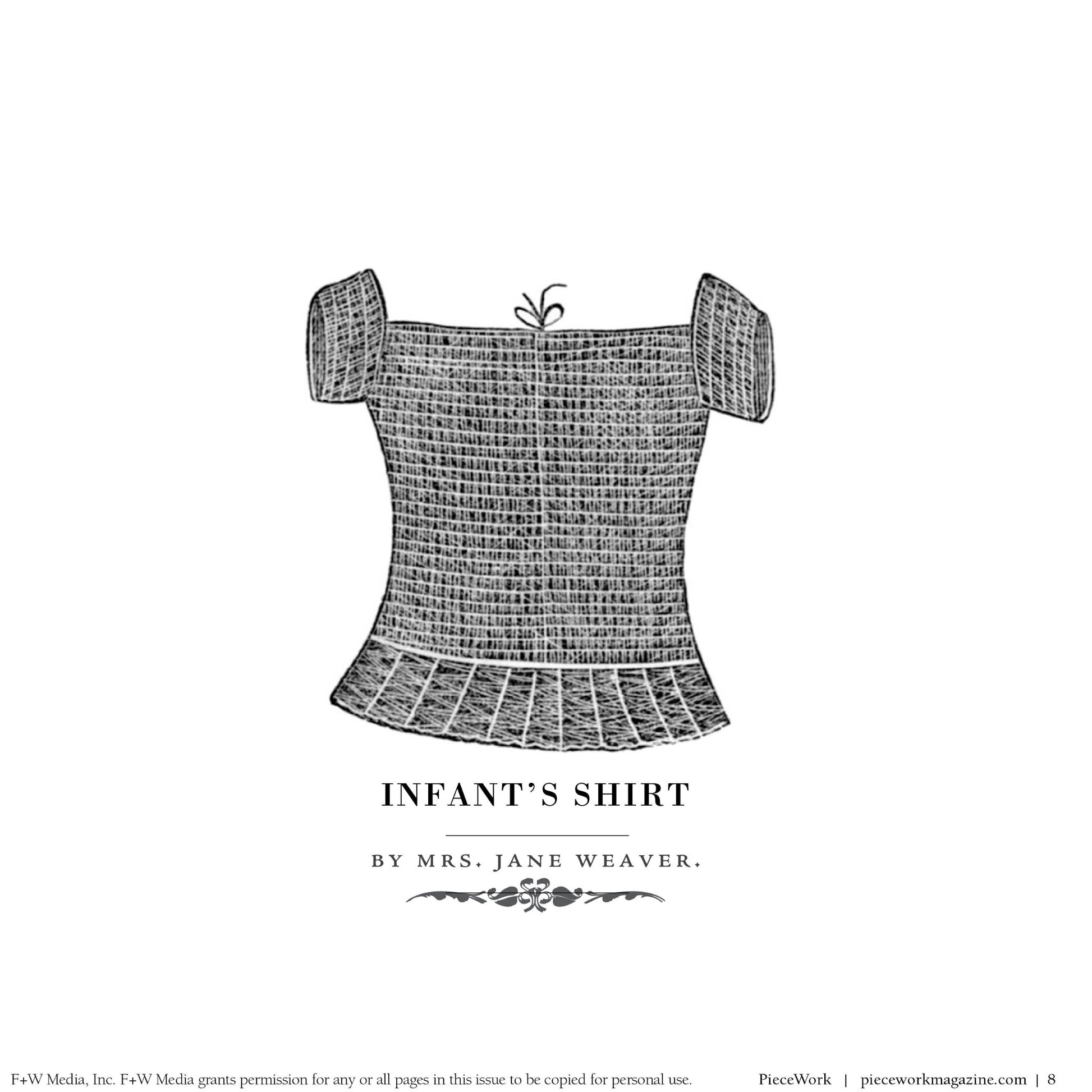 Black and white illustration of an infant’s shirt featured in "PieceWork Presents: Patterns from 1862 Peterson Magazine – eBook printed copy" by Long Thread Media. The short-sleeved shirt has a square neckline and a decorative element at the top center. Text below reads "INFANT'S SHIRT by Mrs. Jane Weaver.