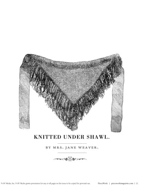 Black and white illustration of a triangular knitted shawl with lacy edges, featuring a fringe along the sides. The shawl is displayed with the point facing downward. Below the image, text reads, "Knitted Under Shawl. By Mrs. Jane Weaver." This pattern is part of *PieceWork Presents: Patterns from 1862 Peterson Magazine – eBook printed copy* by *Long Thread Media*.