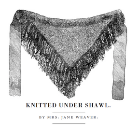 A vintage illustration features a triangular knitted under shawl with fringe edges, attributed to Mrs. Jane Weaver. This shawl includes two extended fabric ties on each side and is featured in the product titled "PieceWork Presents: Patterns from 1862 Peterson Magazine – eBook printed copy" by Long Thread Media.