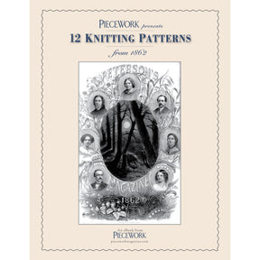 A vintage-style cover for "PieceWork Presents: Patterns from 1862 Peterson Magazine – eBook printed copy," presented by Long Thread Media. The elaborate design features six portrait illustrations surrounding a central scene and text. The bottom reads "Peterson's Magazine 1862." The background is a beige, scalloped border.