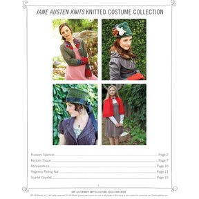 A page from the eBook titled "PieceWork Presents: Jane Austen Knitted Costume Collection – eBook printed copy" by Long Thread Media, showcasing four women dressed in historical-style knitted garments. The women are modeling a Hussars Spencer, Kentish Toque, Regency Riding Hat, and Scarlet Capelet. The table of contents provides the relevant pages for these patterns.