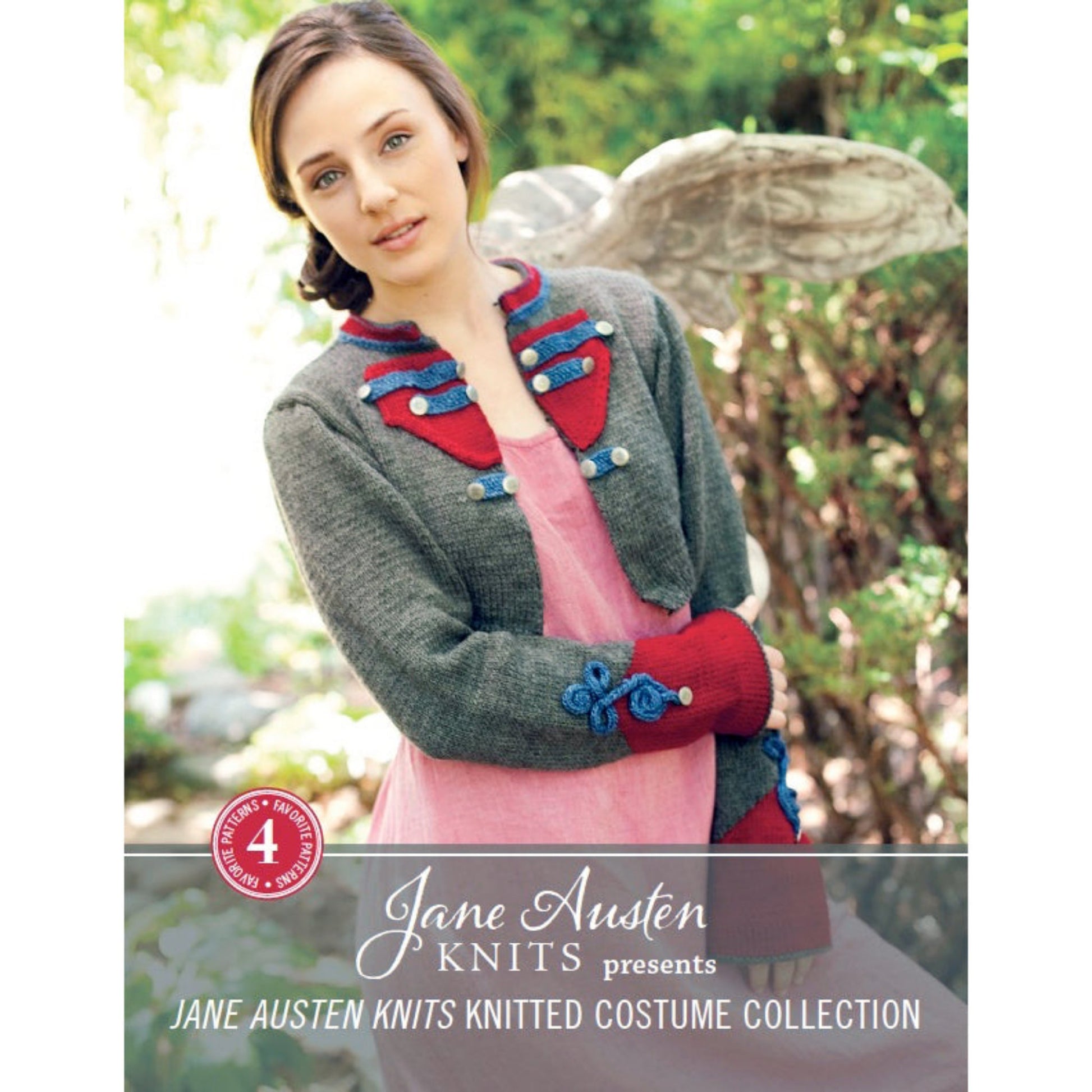 A woman stands outdoors wearing a gray and red knitted jacket with blue accents and matching fingerless gloves. Behind her, there is greenery and a stone statue or décor in the background. The text on the image reads "PieceWork Presents: Jane Austen Knitted Costume Collection – eBook printed copy" by Long Thread Media.