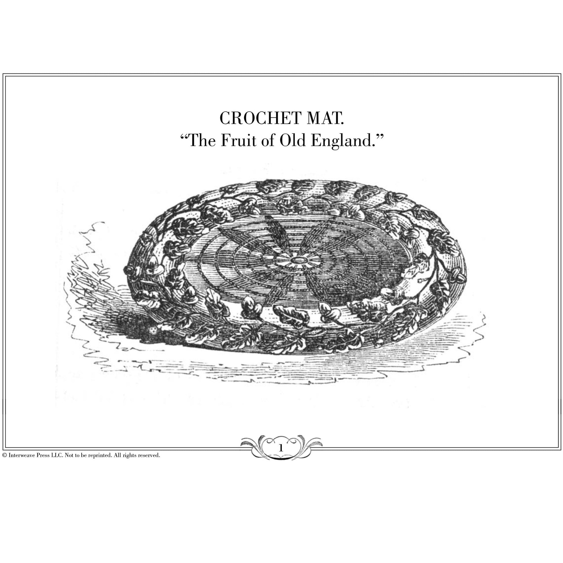 Illustration of a round crochet mat titled "The Fruit of Old England," showcasing intricate patterns with a braided border. The design exudes a vintage charm with its elaborate detailing, reminiscent of traditional craftsmanship. Find this exquisite pattern in *Ladies' Needlework, Crochet Tales and Poetry: A Melange of Instructions and Amusement – eBook printed copy* by Long Thread Media.