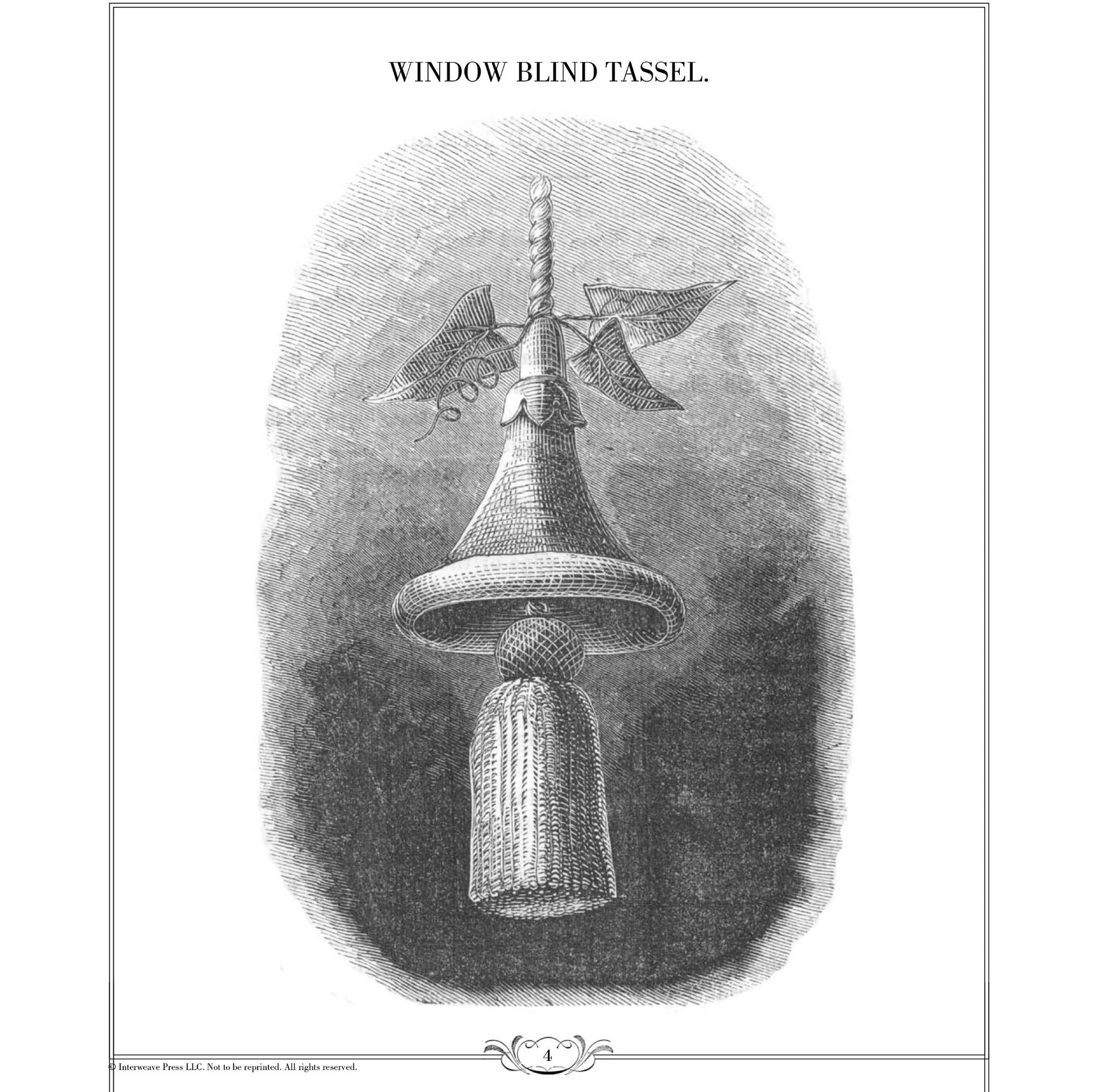 A black and white engraving from "Ladies' Needlework, Crochet Tales and Poetry: A Melange of Instructions and Amusement" by Long Thread Media depicting a decorative window blind tassel. The tassel features intricately designed components, including a bulbous top with a twisted finial and an elaborate braided section hanging down. The title above reads "Window Blind Tassel.