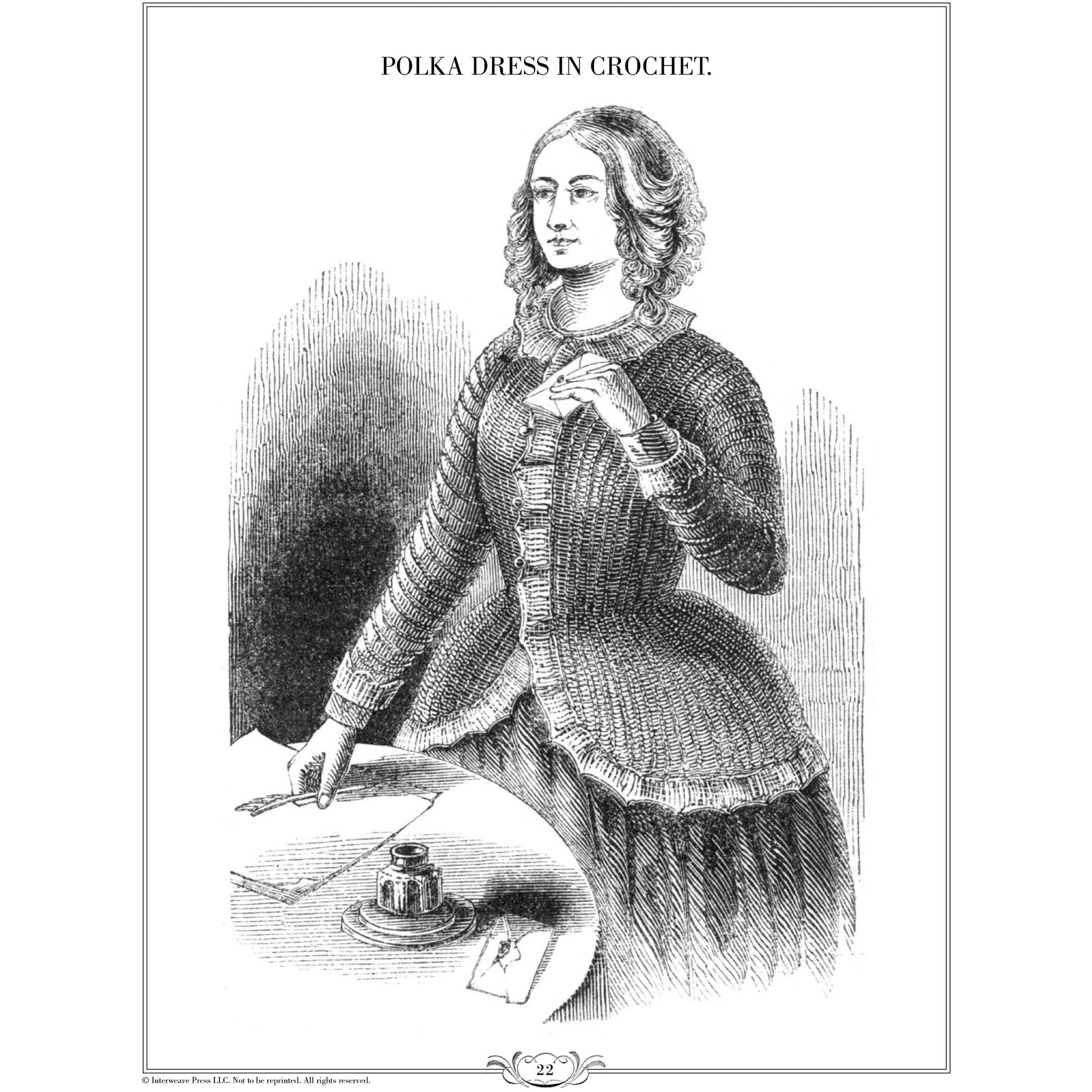 A vintage black-and-white illustration from Long Thread Media's "Ladies' Needlework, Crochet Tales and Poetry: A Melange of Instructions and Amusement – eBook printed copy" depicts a woman in an intricately detailed crochet polka dress. She stands beside a table adorned with an inkwell, quill, and piece of paper. The textures of the dress and surrounding scene are highlighted with exquisite detail, accompanied by the title "Polka Dress in Crochet.