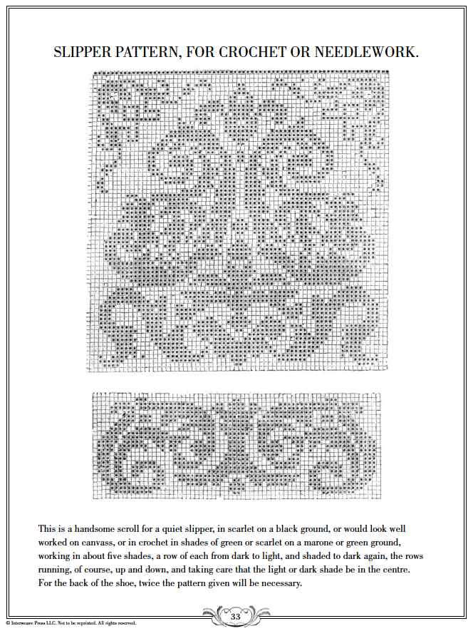 The eBook titled "Ladies' Needlework, Crochet Tales and Poetry: A Melange of Instructions and Amusement" by Long Thread Media showcases intricate crochet or needlework patterns with detailed designs in green or scarlet. It provides precise instructions for crafting two designs using various shading techniques.