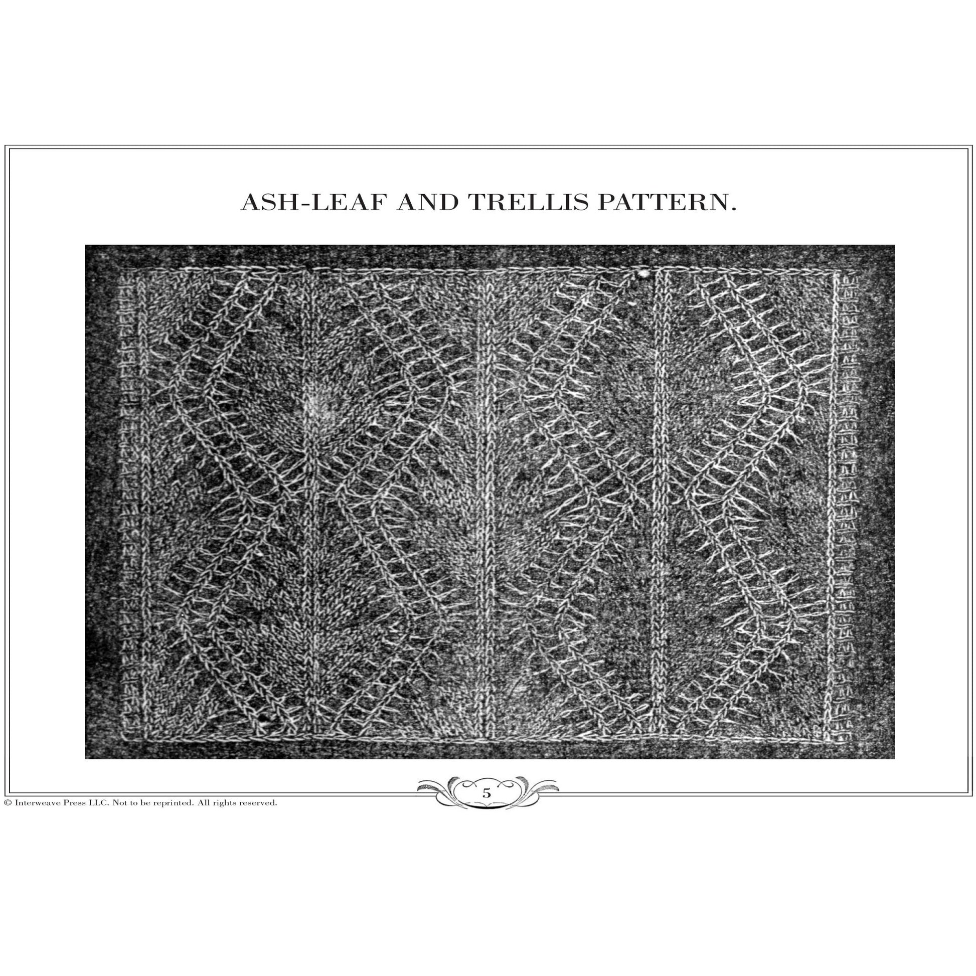 An elegant black and white illustration exhibiting an intricate ash-leaf and trellis knitting pattern from the "Ladies' Needlework, Knitting Tales and Poetry: A Melange of Instructions and Amusement – eBook printed copy," by Long Thread Media. The design boasts detailed, repeating motifs of interwoven leaves and trellis structures, creating a delicate and symmetrical arrangement across the fabric.