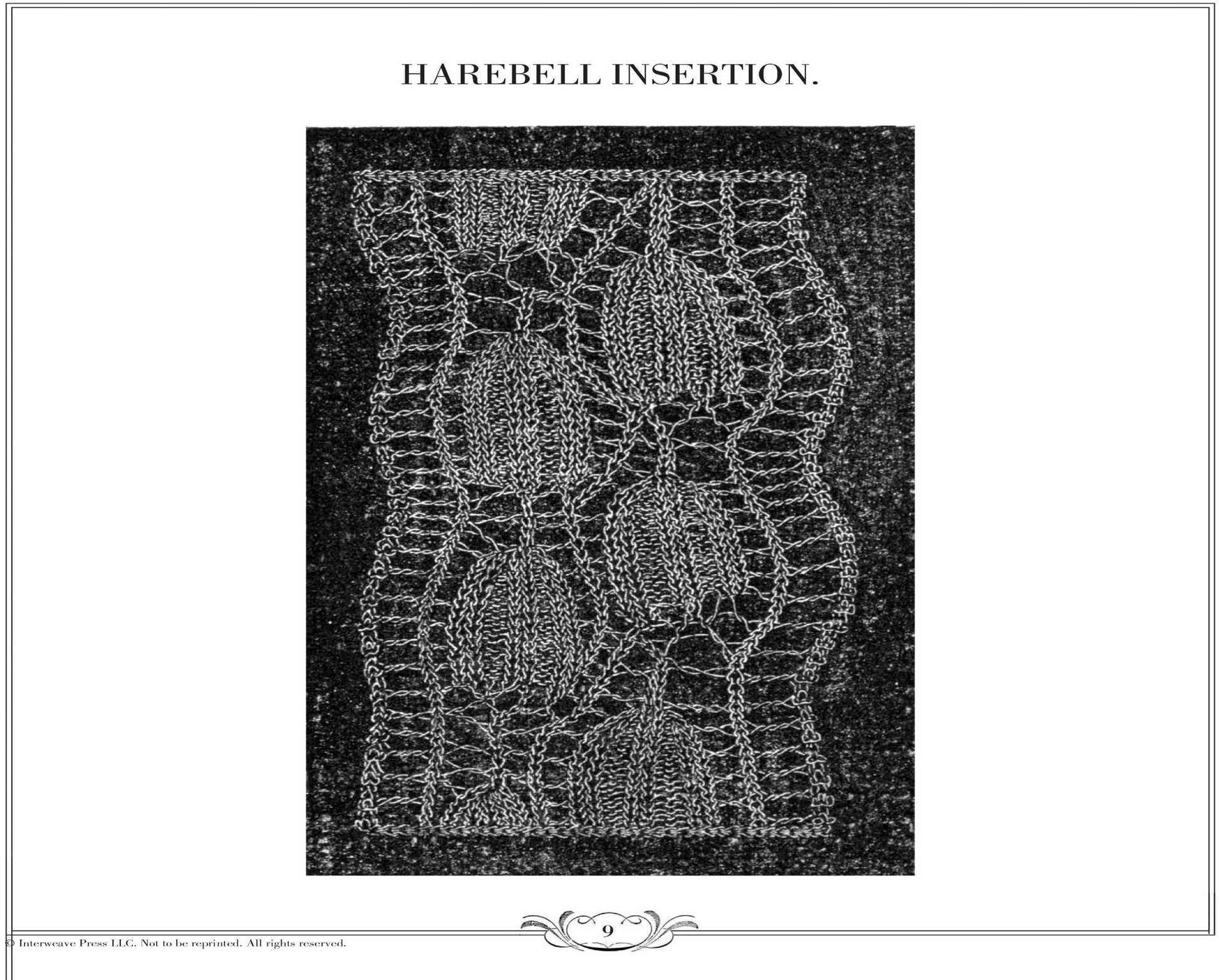 A delicate lace pattern titled "Harebell Insertion," featured in the **eBook printed copy of "Ladies' Needlework, Knitting Tales and Poetry: A Melange of Instructions and Amusement" by Long Thread Media**, displays a vertical design with intricate, repeating motifs resembling elongated, textured oval shapes framed by curving, openwork lace on either side. The lace adorns a dark, textured background.