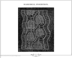 A delicate lace pattern titled "Harebell Insertion," featured in the **eBook printed copy of "Ladies' Needlework, Knitting Tales and Poetry: A Melange of Instructions and Amusement" by Long Thread Media**, displays a vertical design with intricate, repeating motifs resembling elongated, textured oval shapes framed by curving, openwork lace on either side. The lace adorns a dark, textured background.