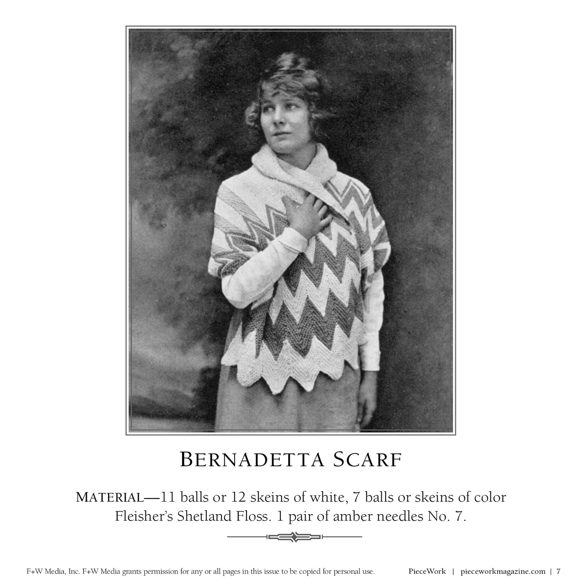 A black and white image shows a woman from the early 20th century wearing a knitted Bernadetta scarf with a chevron pattern. She gazes slightly to her right while her left hand holds the scarf near her neck. Text below provides material details for making the scarf, as found in the "7 Stylish Scarves from 1918 to Knit" eBook printed copy by Long Thread Media.