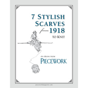 The cover of the eBook "7 Stylish Scarves from 1918 to Knit – eBook printed copy" by Long Thread Media features a vintage-style illustration of a woman knitting, seated on a horizontal line with a ball of yarn hanging below her.