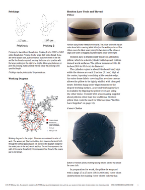 A page from a magazine featuring lace pricking patterns, descriptions of lace-making tools and threads, working diagrams, and illustrations of lace pillows and cover cloths. It includes text for lace-making instructions, measurements, and images related to Honiton lace. This content is part of "A Taste of Honiton: Honiton Bobbin Lace Flower Motif to Make eBook" by Long Thread Media.