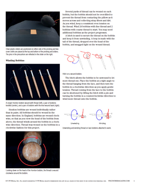 An instructional guide titled "A Taste of Honiton: Honiton Bobbin Lace Flower Motif to Make eBook (Printed version)" by Long Thread Media. This guide includes images featuring a singular bobbin wrapped with yarn, the threading process through a knot, and detailed steps on how to unwind and attach the bobbin and yarn onto a workpiece.