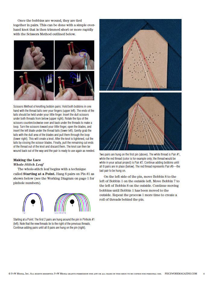 Explore lace-making with "A Taste of Honiton: Honiton Bobbin Lace Flower Motif to Make," provided by Long Thread Media. This printed eBook includes detailed text instructions, diagrams, and photos that illustrate hand positions and thread placement on a pin board to help you create intricate lace patterns using the Scissors Method.