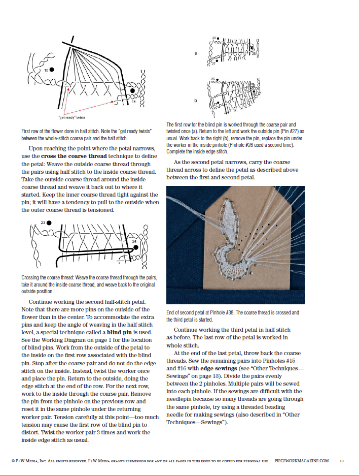 Discover "A Taste of Honiton: Honiton Bobbin Lace Flower Motif to Make eBook" by Long Thread Media, an illustrated guide providing detailed instructions for creating a floral motif using bobbin lace techniques. The guide includes diagrams with directional arrows for each stitch and clear written explanations. It features close-up images of the necessary tools such as needles, thread, and fabric, all organized into numbered steps.