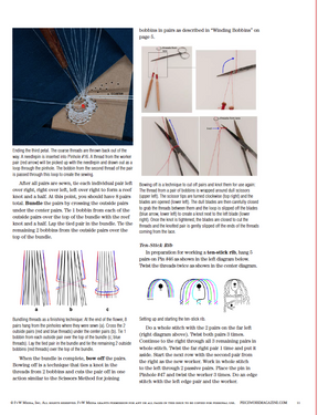 An excerpt from a magazine featuring detailed instructions on creating Honiton bobbin lace, complete with images of thread arrangements, a completed lace flower motif sample, and a diagram for the Ten-Stitch Rib braid. Text explains each step clearly. Brought to you by Long Thread Media's "A Taste of Honiton: Honiton Bobbin Lace Flower Motif to Make eBook (Printed version).