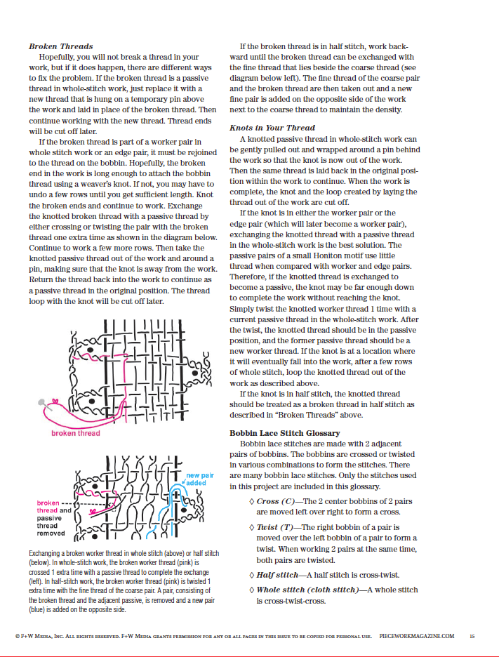 An illustration in the eBook "A Taste of Honiton: Honiton Bobbin Lace Flower Motif to Make" by Long Thread Media demonstrates the process for repairing a broken warp thread on a loom, complete with detailed instructions and labeled steps. Additionally, there's a sidebar offering guidance on bobbin lace and managing pairs of threads in round braids.