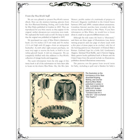 A screenshot from PieceWork magazine showcasing the text and an illustration from "19 Patterns from 1845 to Knit: Miss Watts New Illustrated Knitting – eBook printed copy" by Long Thread Media. The illustration portrays a detailed, vintage lace bonnet, accompanied by a note from the PieceWork staff.