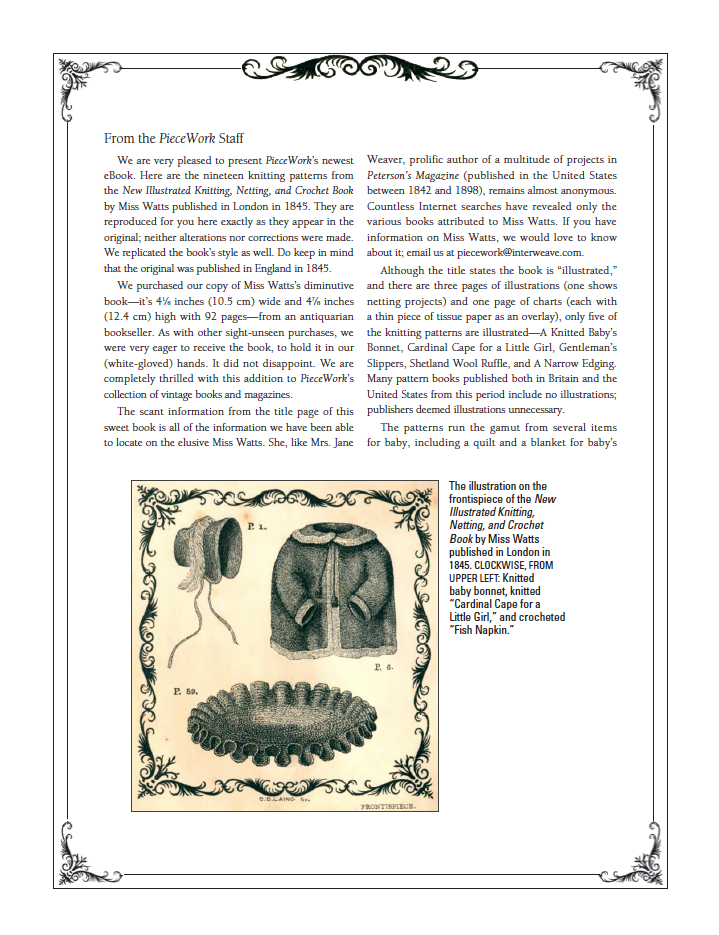 The page from Long Thread Media's "19 Patterns from 1845 to Knit: Miss Watts New Illustrated Knitting eBook" printed version showcases historic knitting patterns, highlighting illustrated knitting techniques. It features charming illustrations of a knitted bonnet and a napkin edge adorned with intricate lace designs. A decorative border gracefully frames the content, offering a nostalgic glimpse into the craft's rich history.