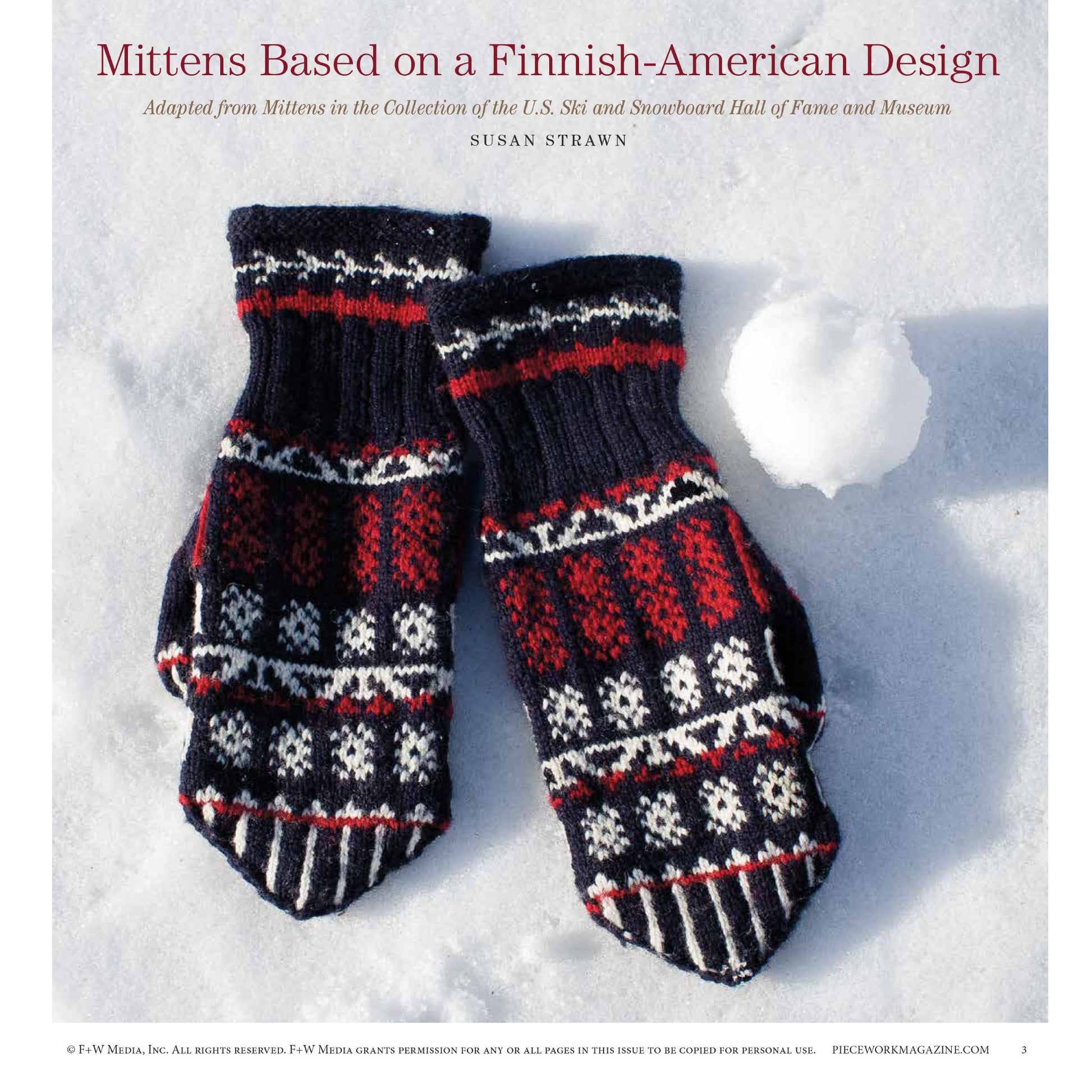 A pair of black mittens with intricate red, white, and gray patterns is displayed against a snowy background. A single snowball is placed next to the mittens. The text "Winter Games: 4 Projects to Knit & More – eBook printed copy by Long Thread Media" is at the top.