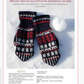 A printed copy of the eBook "Winter Games: 4 Projects to Knit & More" by Long Thread Media showcases a pair of hand-knitted mittens with a Finnish-American design, resting on a snow-dusted surface. The mittens boast intricate patterns in red, black, and white, and below them is a list detailing materials and crafting instructions.