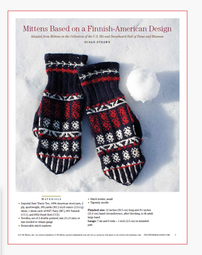 A printed copy of the eBook "Winter Games: 4 Projects to Knit & More" by Long Thread Media showcases a pair of hand-knitted mittens with a Finnish-American design, resting on a snow-dusted surface. The mittens boast intricate patterns in red, black, and white, and below them is a list detailing materials and crafting instructions.