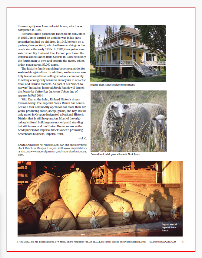 A page from a magazine under the brand Long Thread Media showcasing content related to the Winter Games: 4 Projects to Knit & More – eBook printed copy, featuring text alongside three images: one of a historic Queen Anne-style house, another of sheep grazing in a field, and a third showing large bags filled with wool in a storage area.