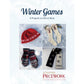 A promotional image for "Winter Games: 4 Projects to Knit & More – eBook printed copy" by Long Thread Media. The image showcases four knitting projects: a red hat with "Winter" stitched, cream-colored socks with red decorations, black and white mittens with patterns, and a black and white scarf with "2014".