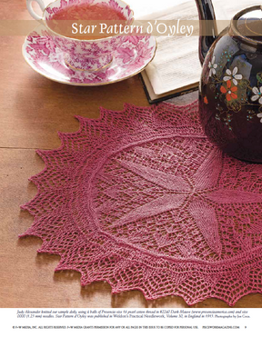 A soft pink crocheted doily featuring an intricate star design is displayed on a wooden table, complemented by a teacup adorned with pink floral motifs resting on its matching saucer. The heading "Victorian Lace: 7 Timeless Projects to Knit – eBook printed copy by Long Thread Media" is prominently displayed at the top of the image.