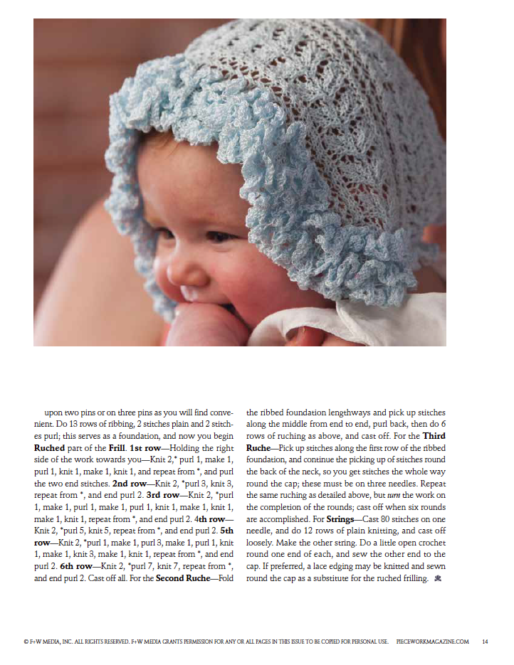 A baby wearing a delicate, textured light blue knit bonnet is featured alongside the detailed knitting instructions for creating such a project. These instructions are part of the eBook print edition "Victorian Lace: 7 Timeless Projects to Knit" by Long Thread Media, with the bonnet perfectly covering the baby's head while leaving their face visible.