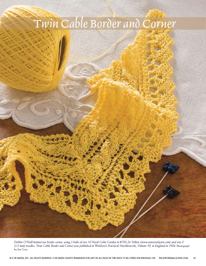 A detailed view showcases a radiant yellow lace border and corner piece intricately knitted, laid out on a wooden surface. Beside it are two knitting needles and a matching ball of yellow yarn. The header text says, "Twin Cable Border and Corner." This piece is inspired by projects from the eBook printed copy "Victorian Lace: 7 Timeless Projects to Knit" by Long Thread Media.